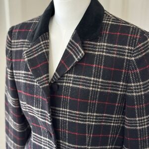 Vtg 80s 90s Chaus Tartan Plaid Lambs Wool Blazer Sz 14P Christmas Velvet Office